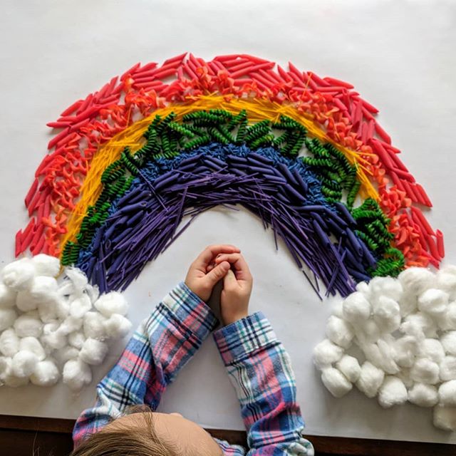 Noodle Rainbow Art - Fusilli, Penne, Orzo, Spaghetti, Angel Hair Pasta, oh my!
.
. 
My little one has embraced March and is obsessed with rainbows.  Since it is a cloudy day, we decided to dye leftover noodles from our pantry and create a beautiful r