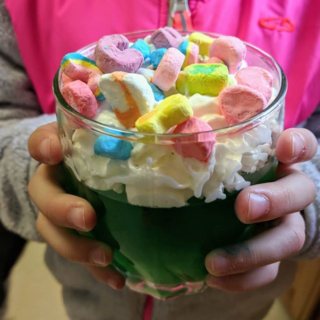 Lucky Charms, whip cream and green Jell-O!  In my daughter's eyes, a perfectly enchanting dessert in every way! 
#stpatricksday #cookingwithkids
#preschool #preschoolcooking
#teachersofinstagram #homeschool