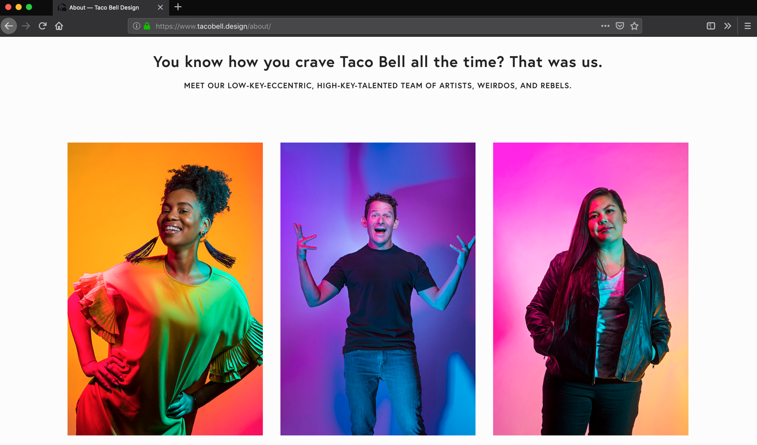The “about” page on the fabulously bright new tacobell.design site