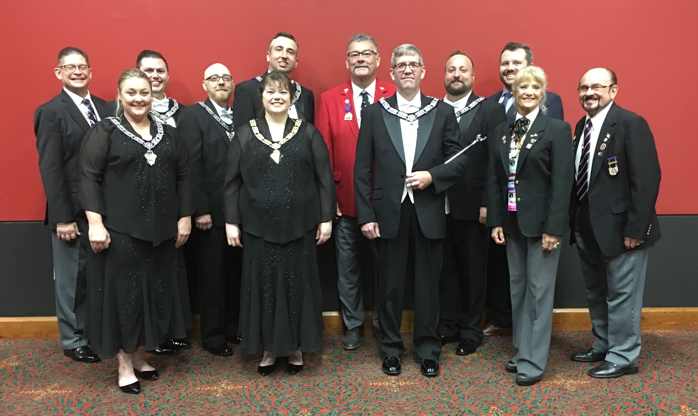 Pictured above (back row, from left): Dave Beazley (coach), Ignatius Todd Daquino (leading), Nate Davis (chaplain), Dustin McCullough (loyal), Nevin Taylor (President), Derek Kaufman (lecturing), and John Hines (candidate). Front row, from left: Gina Hoelscher (inner guard), Elisa Umbaugh (ER), Michael Sturgeon (esquire), Sue Fox Buroker (coach), and D. Jack Buroker (coach). 