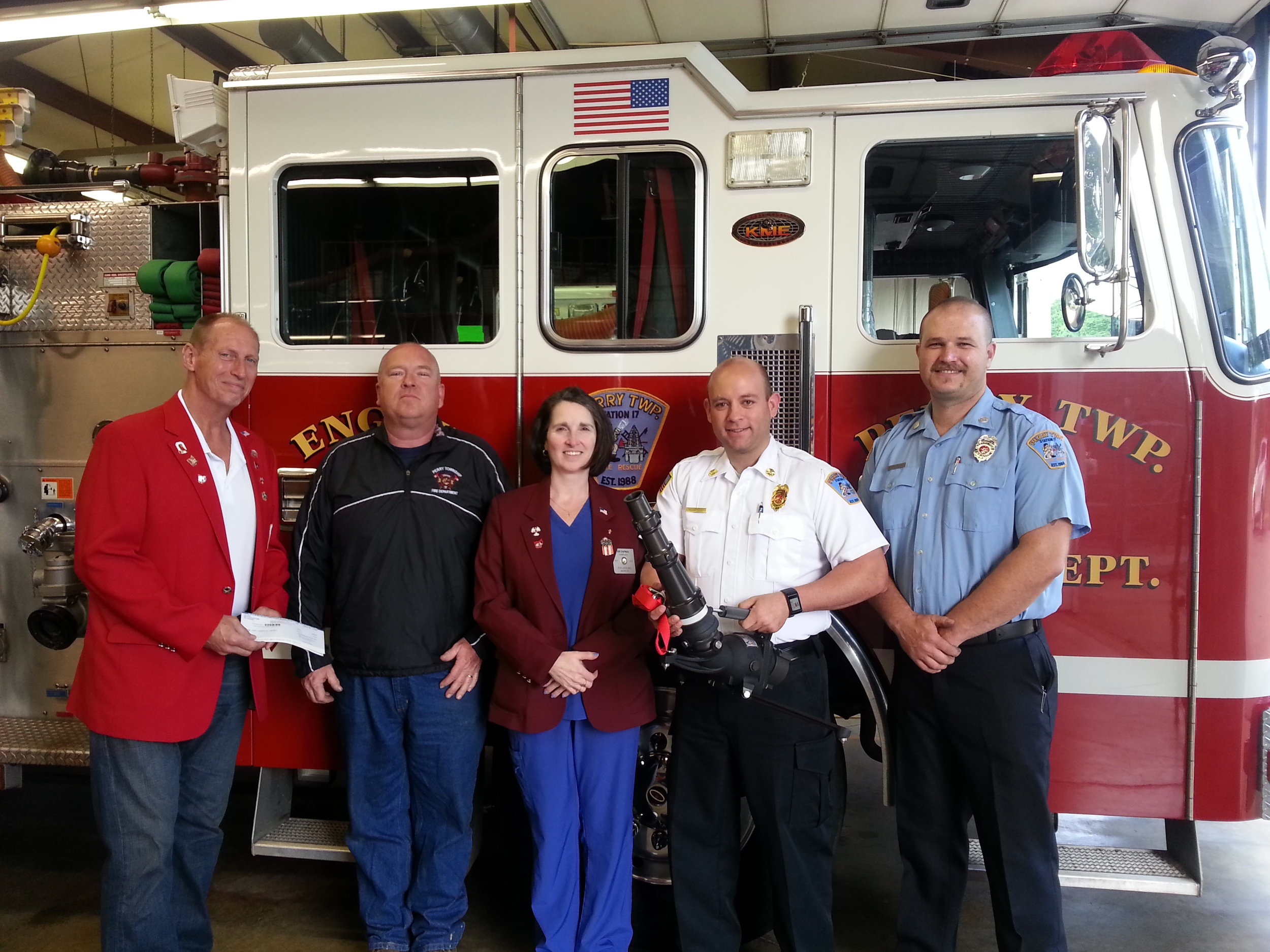 Pictured presenting the check is Wayne Gorby, Exalted Ruler to Perry Township Volunteer Fire Department's Chief Bruce Whitaker; Kim Chapman, CSG Chairman; Asst. Chief Brandon Smith who's holding the Quick Attach Monitor and Fireman Brandon Planisky.