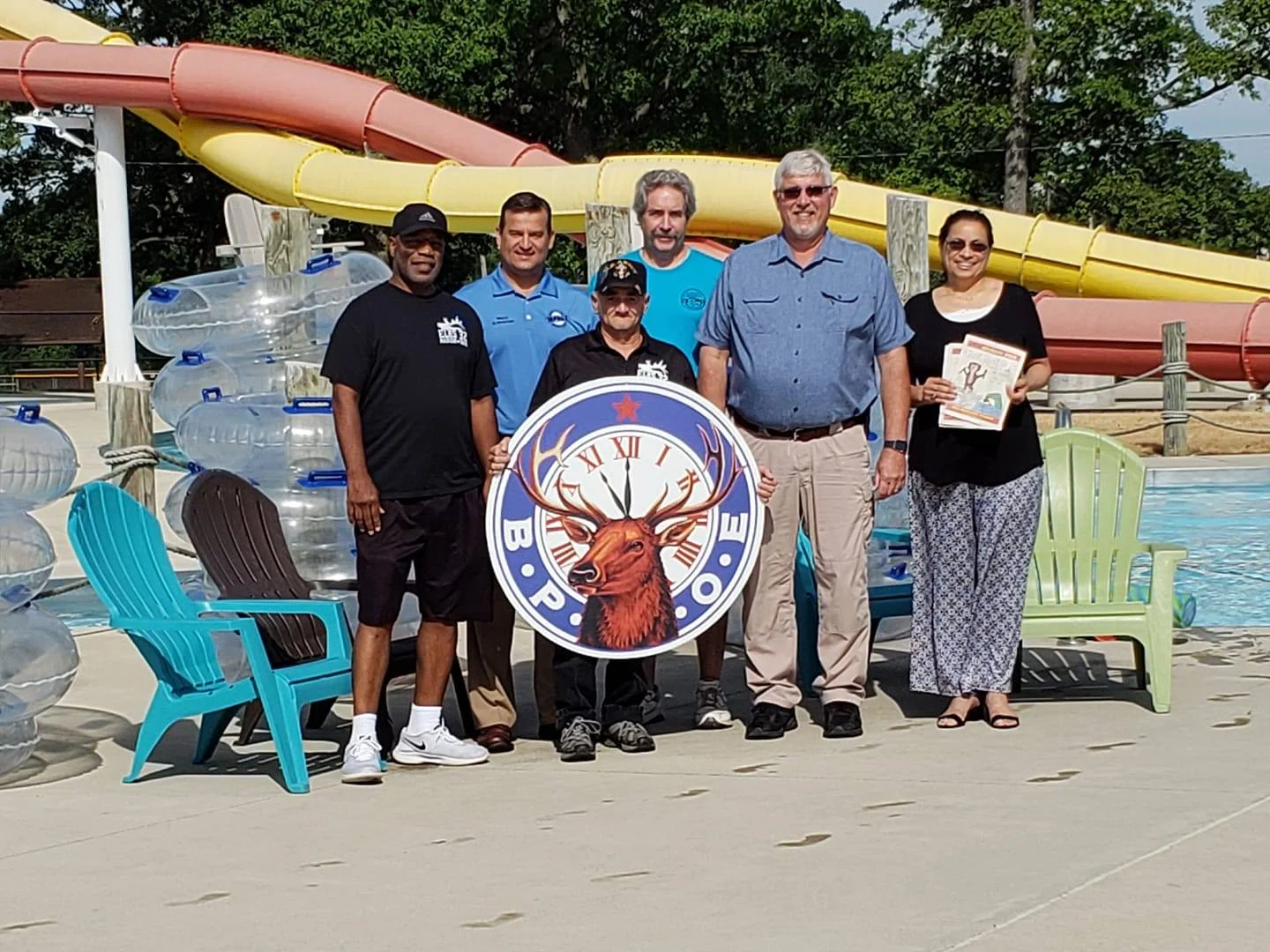 Pictured, from left: Willie Troutman, #32 spouse; Scott Schertzer - Mayor, City of Marion; David Feliciano, Trustee #32; Rex Coldwell, Secretary #32, DDGER NCD; Mike Cheney,Director, Marion City Lincoln Park Aquatic Center; Liz Feliciano, Treasurer #32.