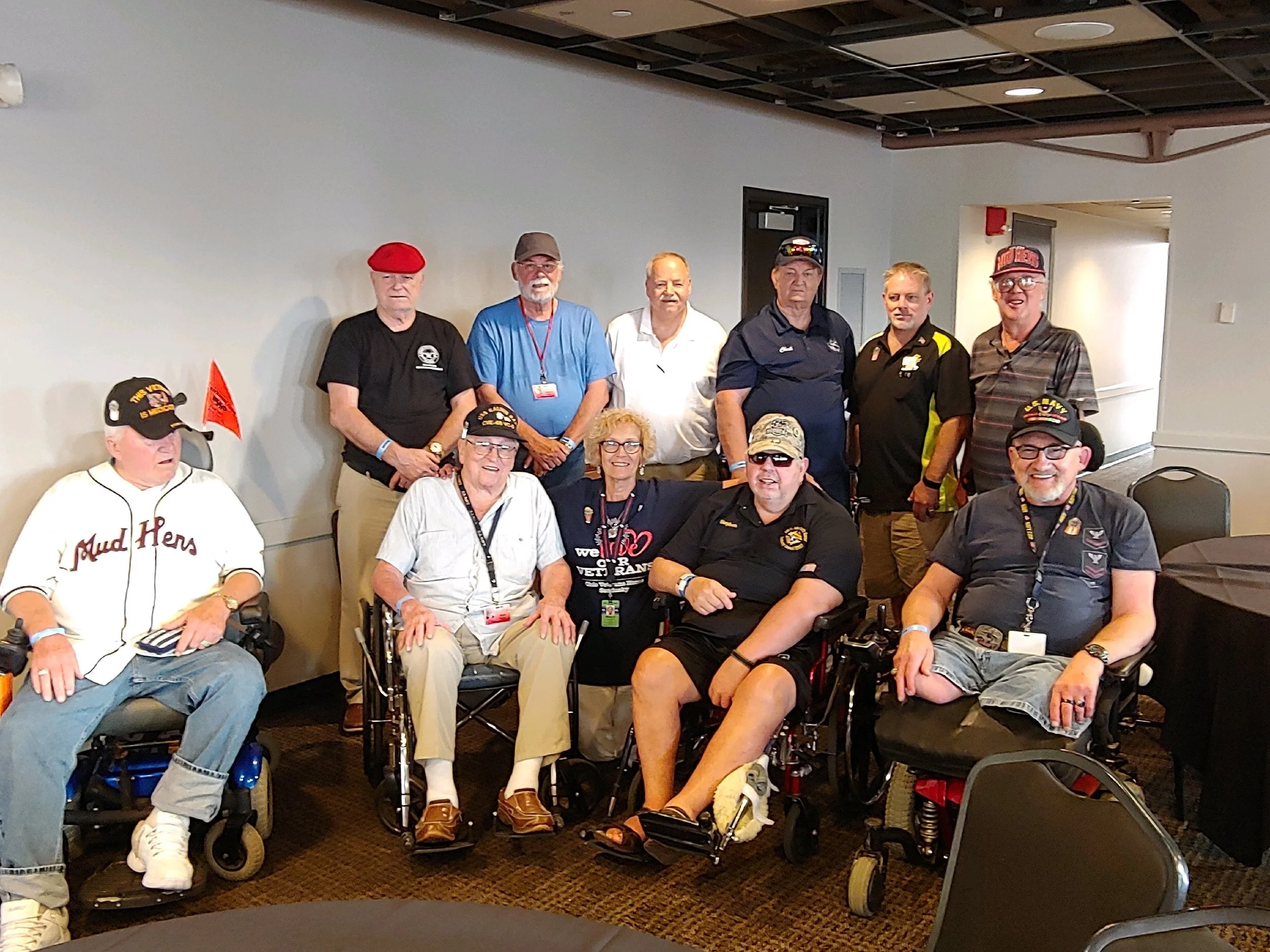 Front Row: OVH Veterans Richard, Mud Hens Hometown Hero Frank , OEA Veterans Rep Mary Beaston, Steve, &Mike Back Row: OVH Veterans John & Rick, Maumee- BG #1850 Gary Vice, Toledo –Sylvania #53 Adopt A Vet Charles Hilyard Sr, Toledo-Sylvania #53 ER Terry Harrison, Maumee-BG #1850 Adopt A Vet Larry Mills.
