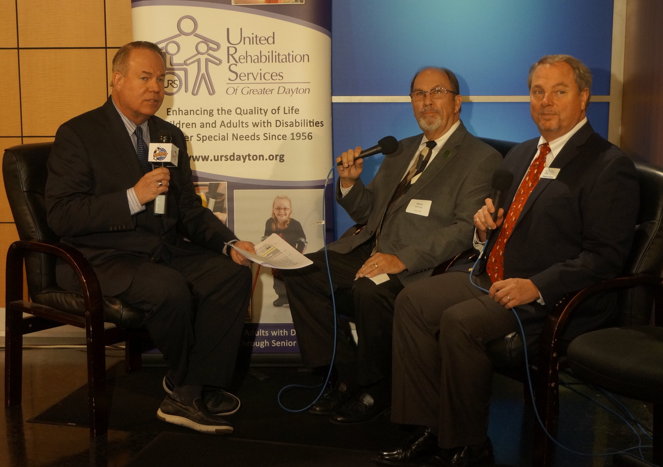 From left, Mark Allen, WDTN and Host of the Telethon; Mike Iddings, Lodge CP Chairman (representing both the Ohio Elks and the Dayton Elks) and Dennis Grant, URS Executive Director. 