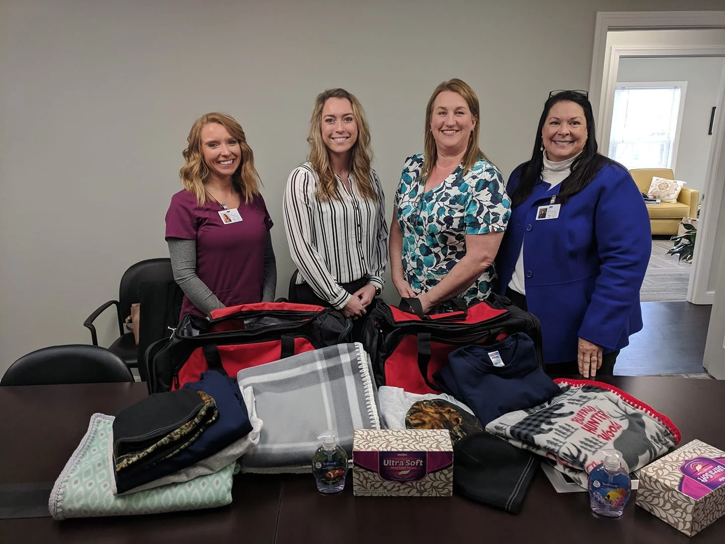 From left: Home Health Nurse Nikki Frey, Kimmel Representative Bo Underwood, Hospice Nurse and Elk member Christy Biller, and Hospice Co-ordinator Cathy Browne. These will be given to Hospice patients, veterans, and those family's in need!