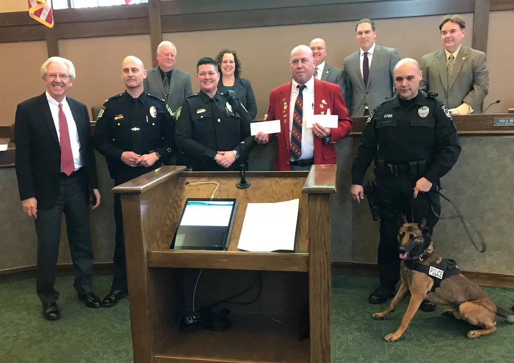 In the picture: Mayor Ike Stage(Elks Member) chief of Police Richard Butsko Jr , Dare Officer Misty Hutchinson, Me (Randy Seymour ER), K-9 Officer Brian Kitko and Max. In the background City Council Members , Roby Schottke, Christine Houk, Council President Steve Robinette, Jeffery Davis and Ted Berry.