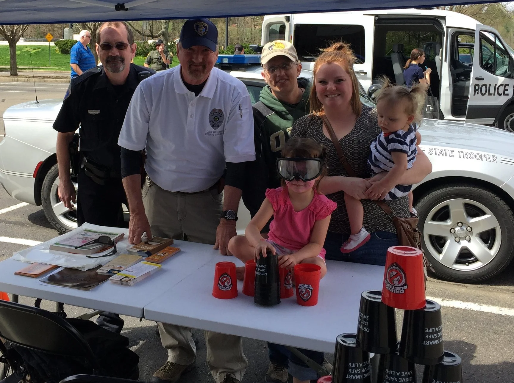 Pictured left to right: Athens Police Officer Bob Filar, Reserve Officer and SC District Elks Drug Awareness Chairman Dave Williams, Elks member Ty Smathers, girl with goggles on Maddison Prather, mother Abbi Prather, holding child Makenna Prather.