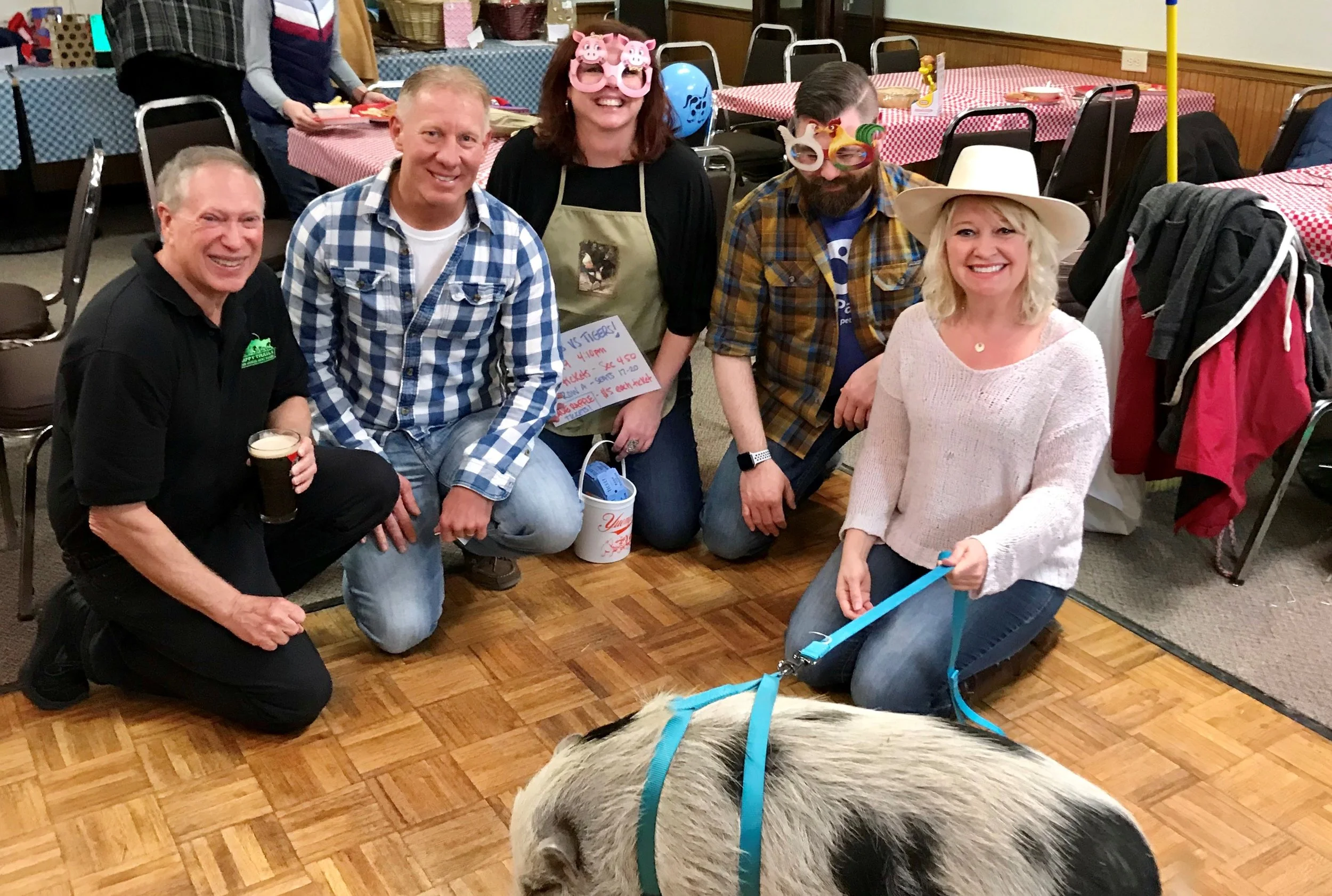 Pictured from left, Fred Lefton Volunteer Coordinator Happy Trails, Mayor Don Walters, Missie Kline PER, Eddie Hayek, Sarah Whitford Leading ER, and Mandy the Pot-Belly Rescue Pig.