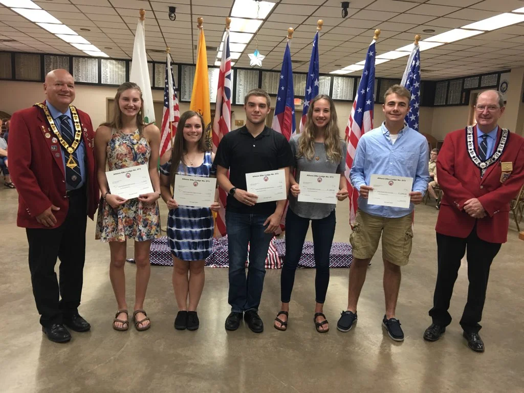 From left to right, Rich Russell Elks Exalted Ruler, Kyla Henderson, Ashley Cooper, Braden Henderson, Tessa Kaaz, Dylan Mecum, Tom Donnley Elks Scholarship Chair. Not pictured and also receiving a $1,000 scholarship are Lilly Mills, Mickenzley Springer, Jaide Allison and Connor Farley.