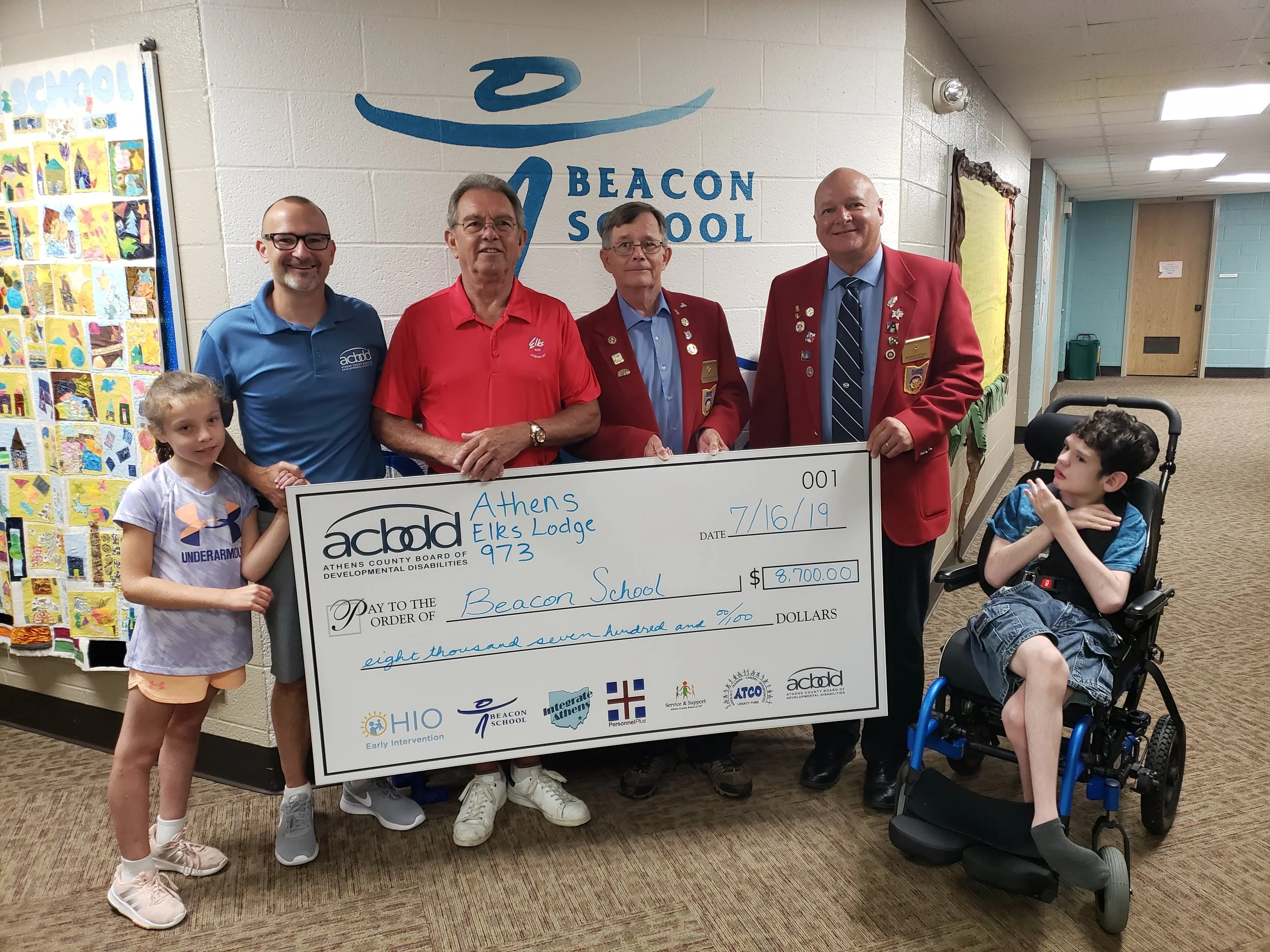 Pictured, left to right are Blaycee Stump Student, Kevin Davis Superintendent of ACBDD, Tim Lairson, Grants Coordinator of Athens Elks, Jim Balding, Trustees Chair of Athens Elks, Rich Russell, Exalted Ruler of Athens Elks, and Ian Mourn-Gonzalez Student