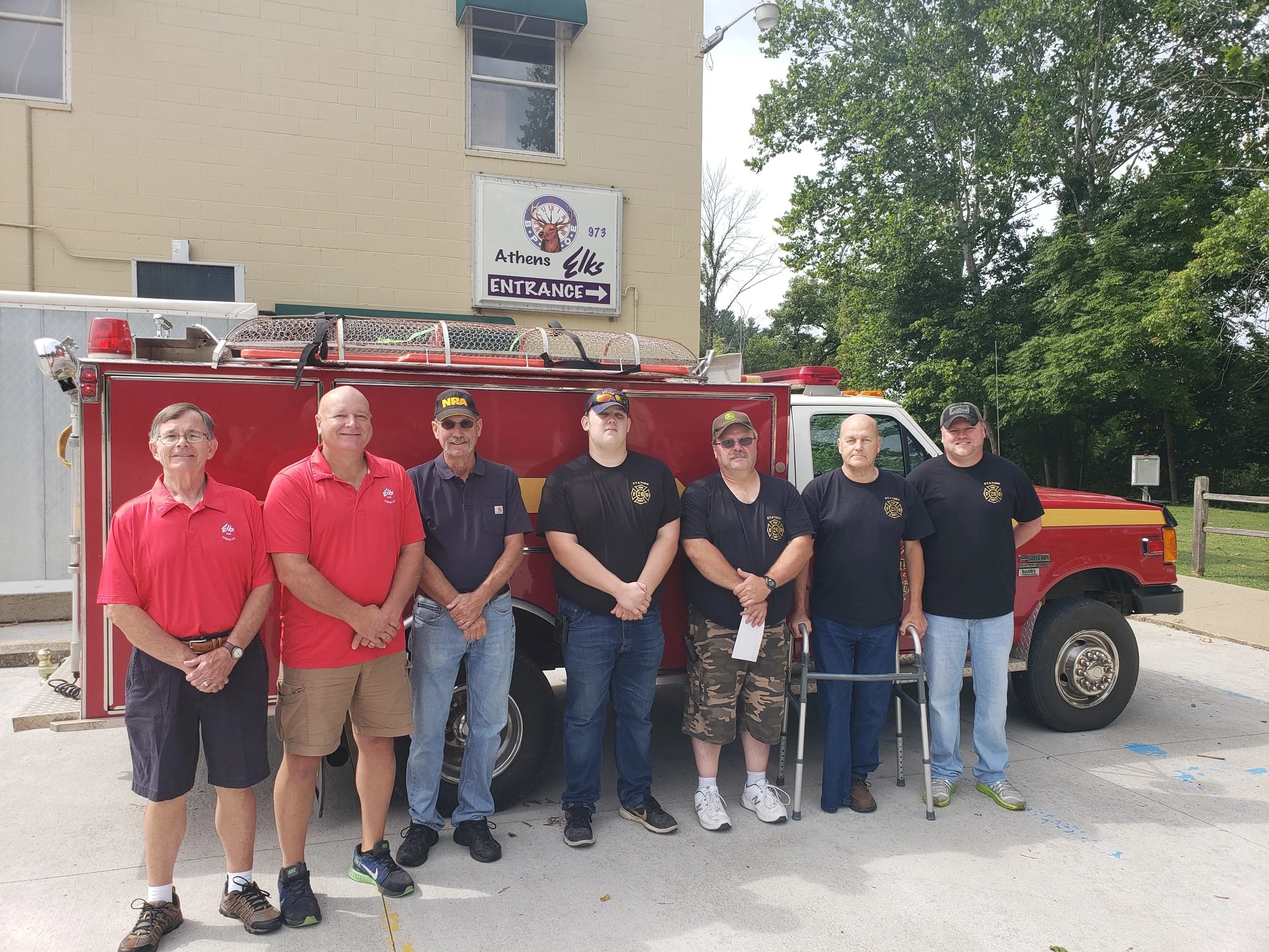 Fro left: Athens Elks members Jim Balding, Rich Russell and Ernie Perry and from Carthage Township FD are Jerrick Nutter, Chris Nutter, Jameson Allen and Jim Allen.