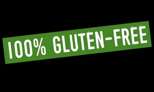 Green banner with white text reading '100% Gluten-Free' against a black background.