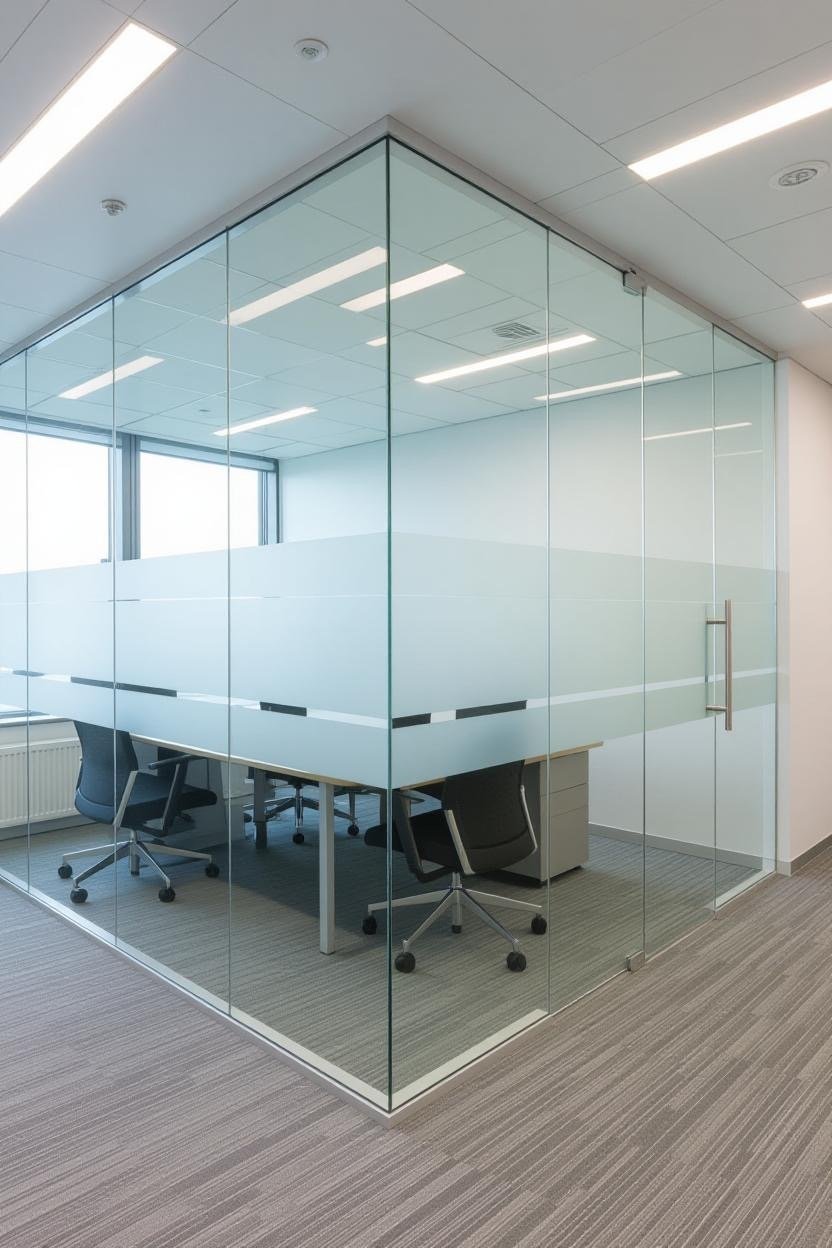 corner conference room with frameles glass partition walls , frameless door and centered film 15 for privacy