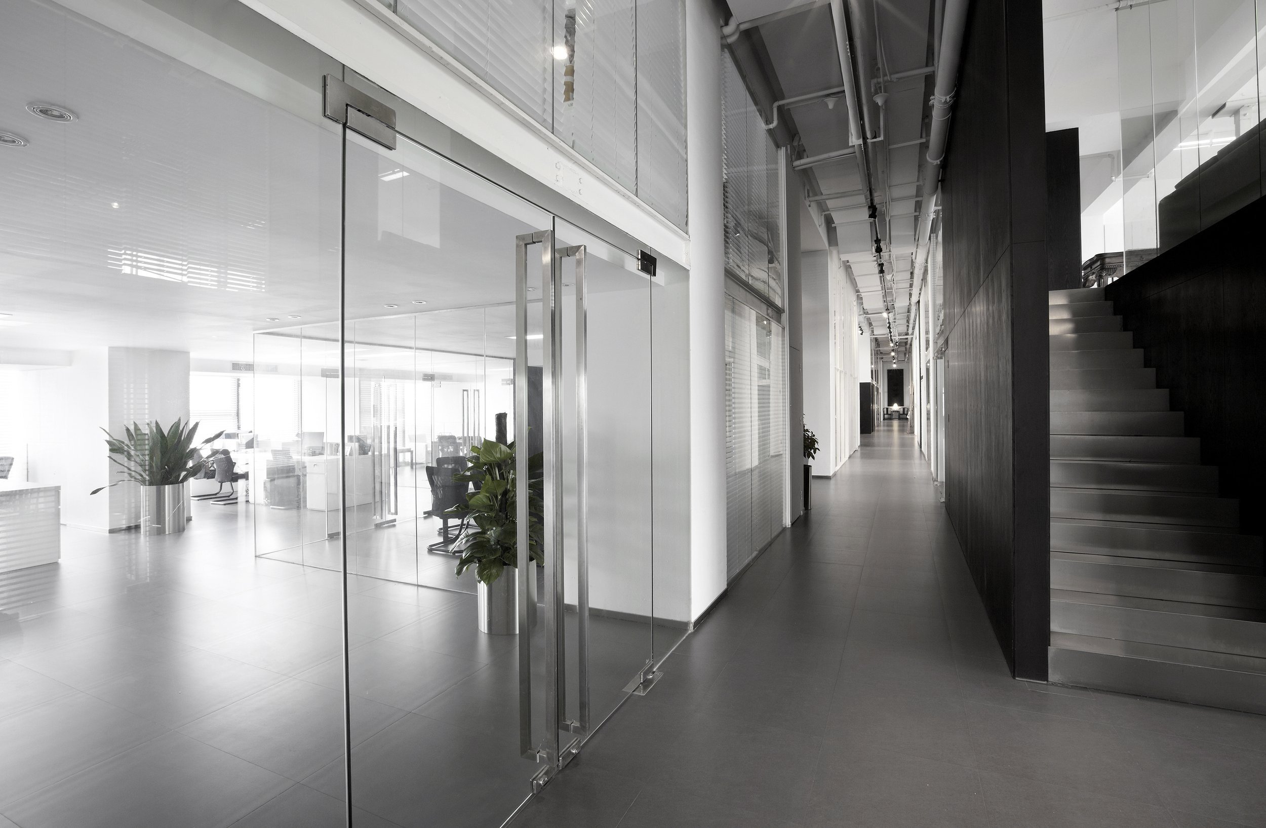 1/2 " thick glass partition walls, centered door with custom handles