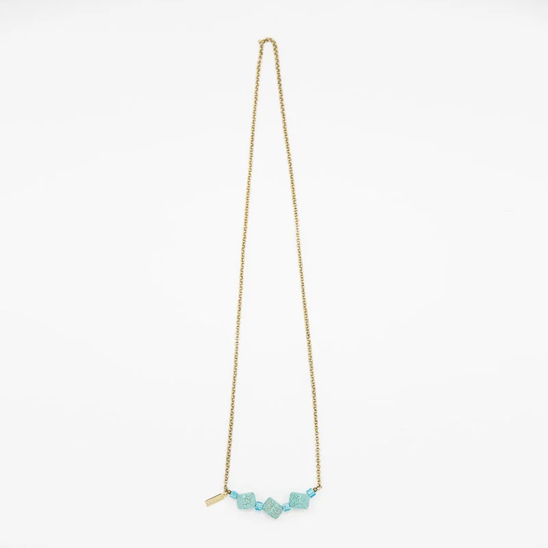 Turquoise, Blue Glass & Vintage Gold Metal Chain