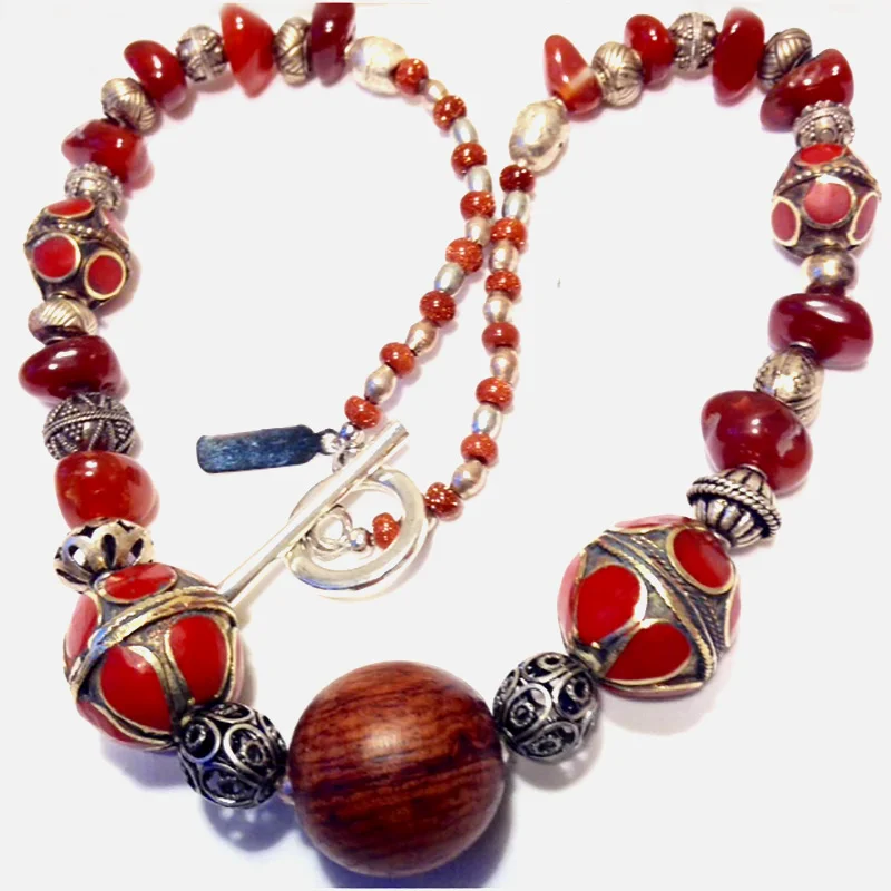 Wood, Coin Metal, Turkmenistan Enamel, Carnelian Rondelles & Silver