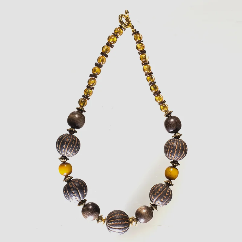 Mali Spindle Whorl, Lampwork Glass, Copal & Wood Necklace