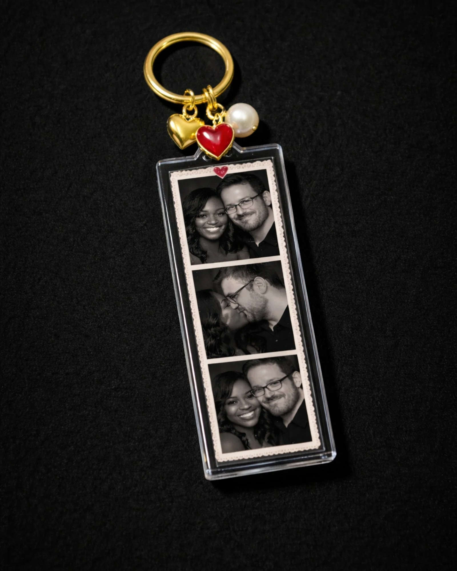 photo keychain with 3 photos of couple