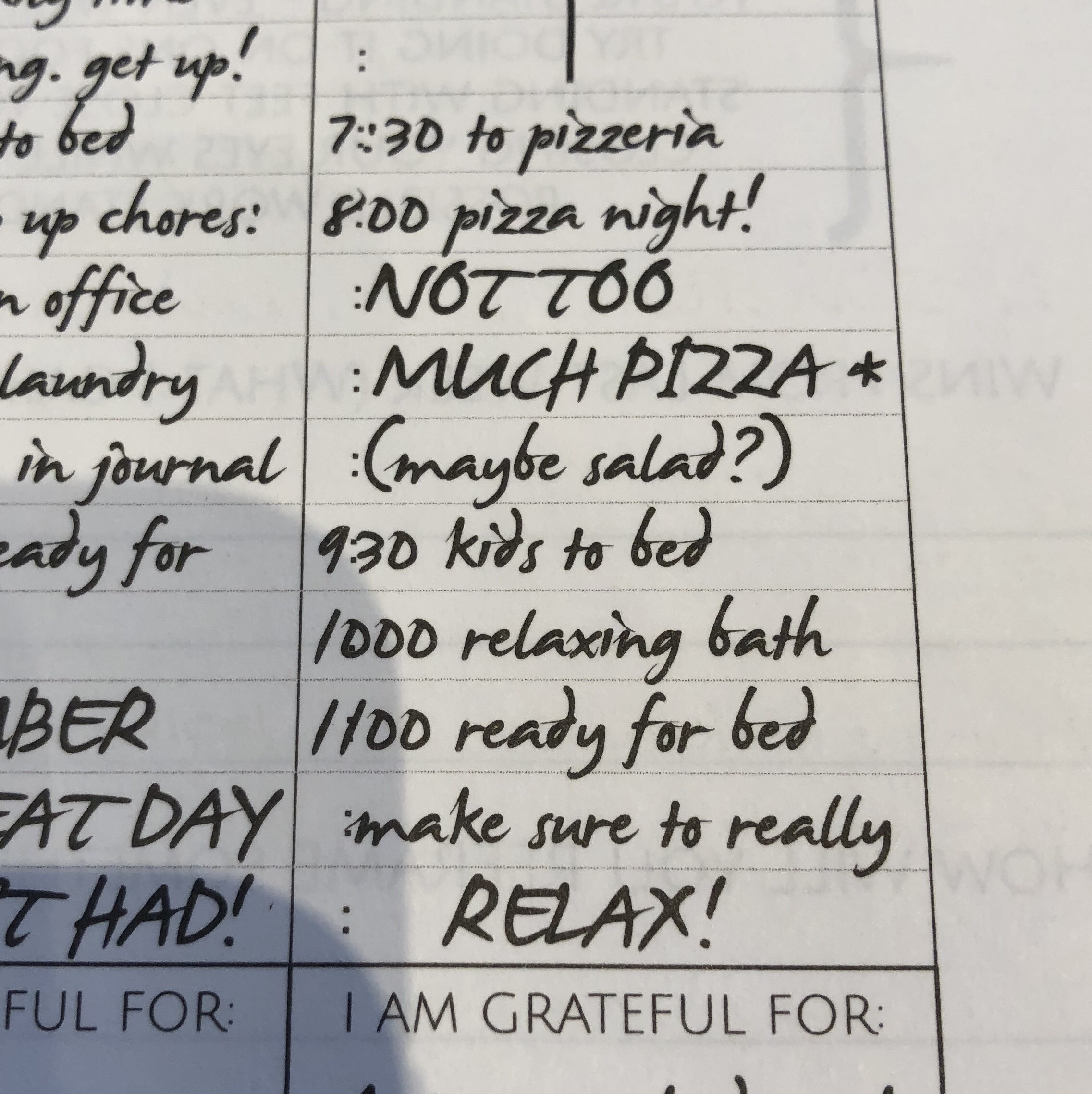 I had to laugh at this “sample” daily schedule. “NOT TOO MUCH PIZZA. MAYBE SALAD.” Can they read inside my head???