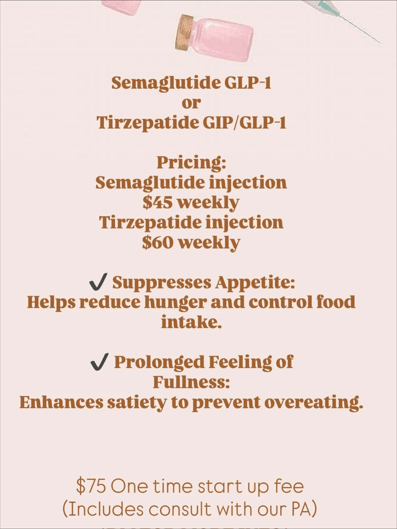 ✨We provide 3 kind of services:
1️⃣ Weight Loss Injections 💉
2️⃣ Weight Loss Nutritional Program 🥗 
3️⃣ BUNDLE: Shots 💉+ Nutrition 🥗 
🪧For more information or to get started text us!
📲 760-902-8044