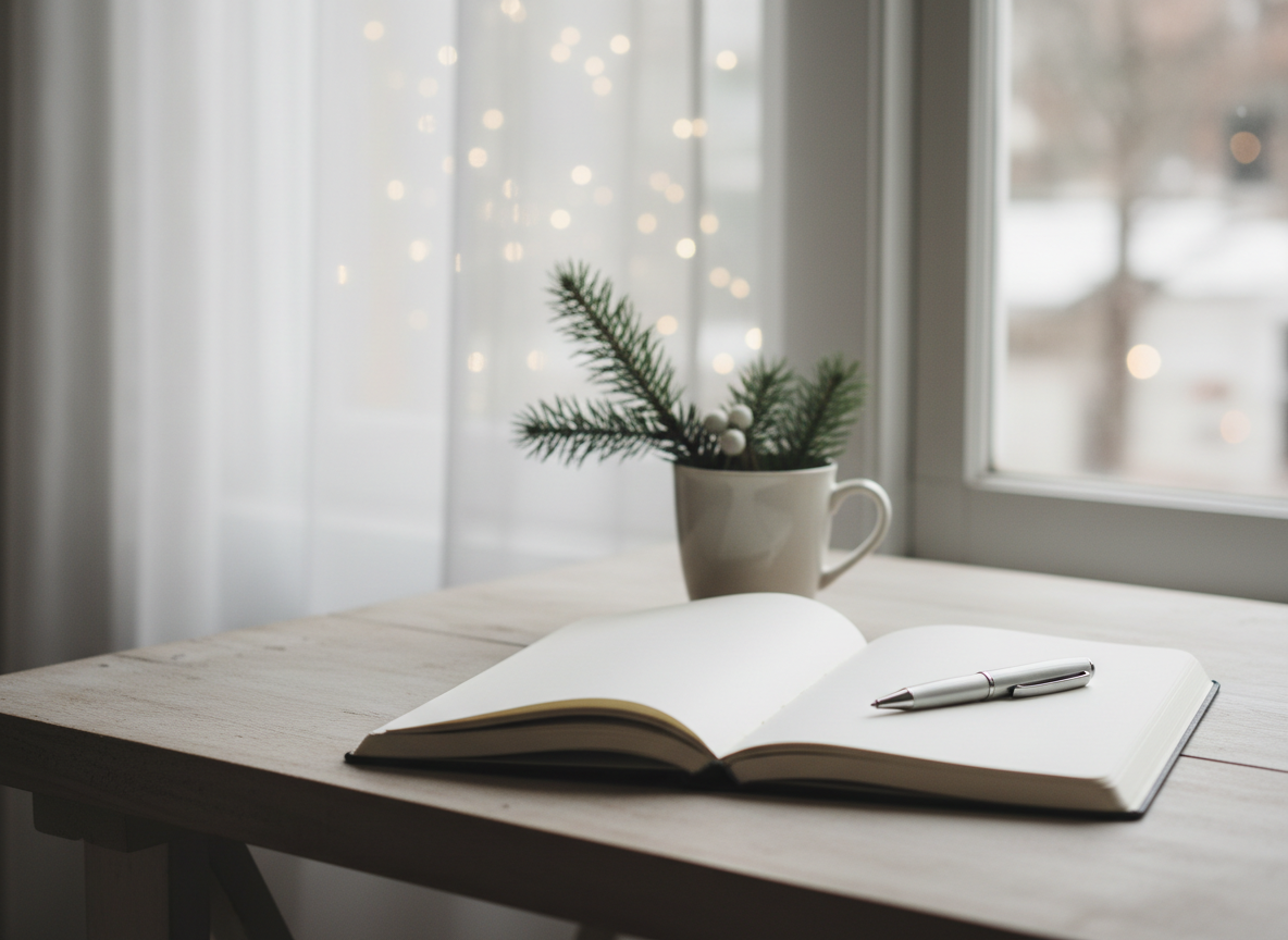 Minimalist neutral desk in soft natural light with a blank journal and pen, representing quiet reflection and space to process grief during the holidays.