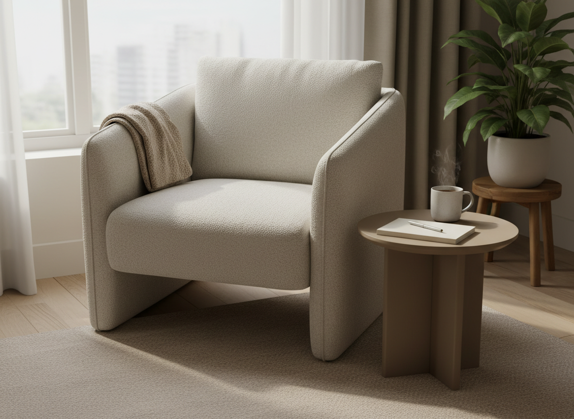 Cozy chair by a window with a cup of tea on a small table and a blank journal in soft natural light, creating a calm, grounding self-care setting.