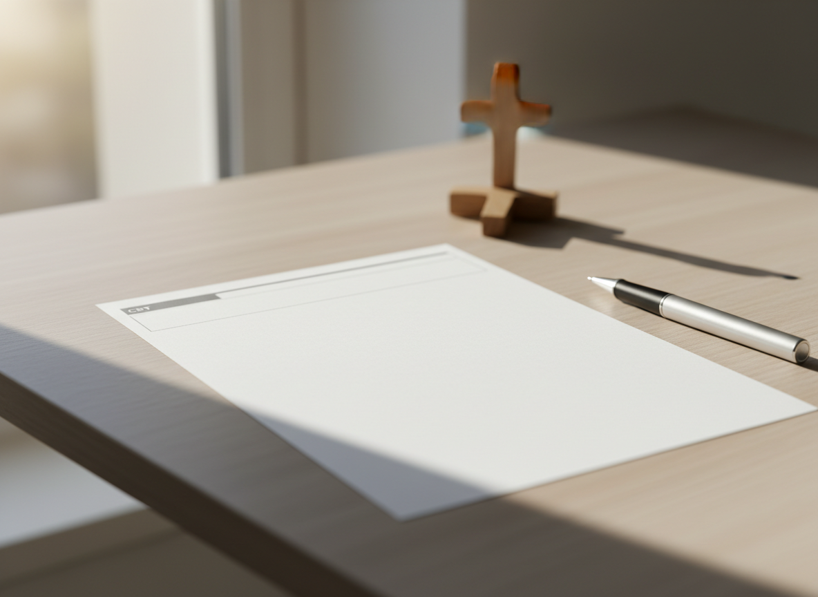 Minimalist workspace with blank paper and pen and subtle cross decor, representing faith-based CBT strategies for OCD, cognitive restructuring, and spiritual grounding.
