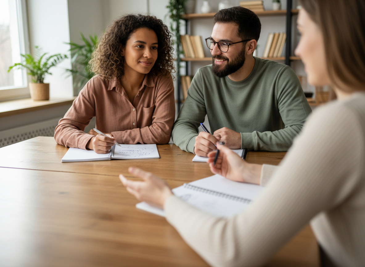 Couple sitting with a counselor in a calm office setting with notebooks on the table, representing premarital counseling sessions that build communication and relationship skills.