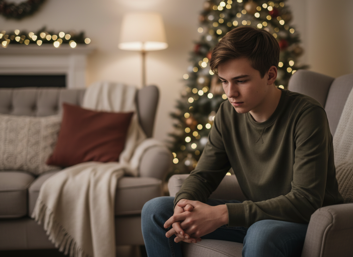 Teen sitting quietly at a holiday gathering with warm lighting and a softly blurred background, illustrating social anxiety signs such as overwhelm and withdrawal in group settings.