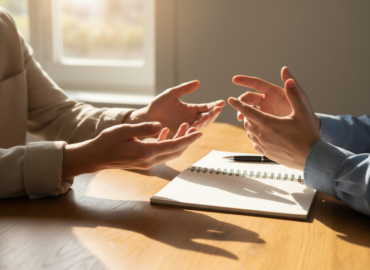 Close-up of two partners sitting across a table with a notepad, symbolizing active listening, healthy communication, and feeling heard in marriage.