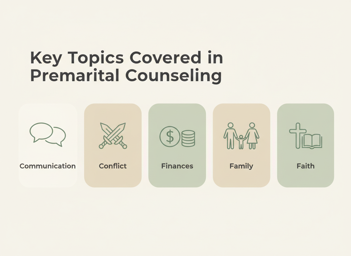Minimalist infographic showing five premarital counseling topics—communication, conflict resolution, finances, family dynamics, and faith—highlighting what couples discuss before marriage.