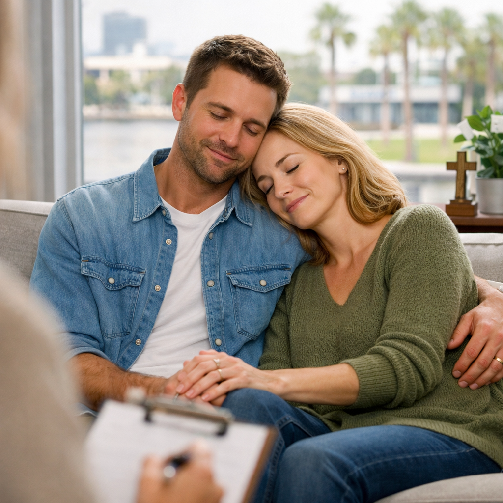 couple sitting together in a calm, connected moment representing marriage counseling in Tampa FL