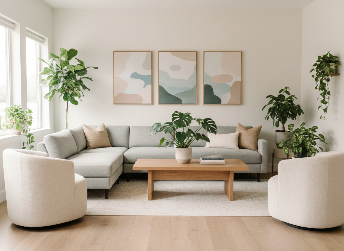 Welcoming therapy waiting room in neutral colors with comfortable seating, indoor plants, and soft natural light, conveying a calm, professional environment for counseling support.