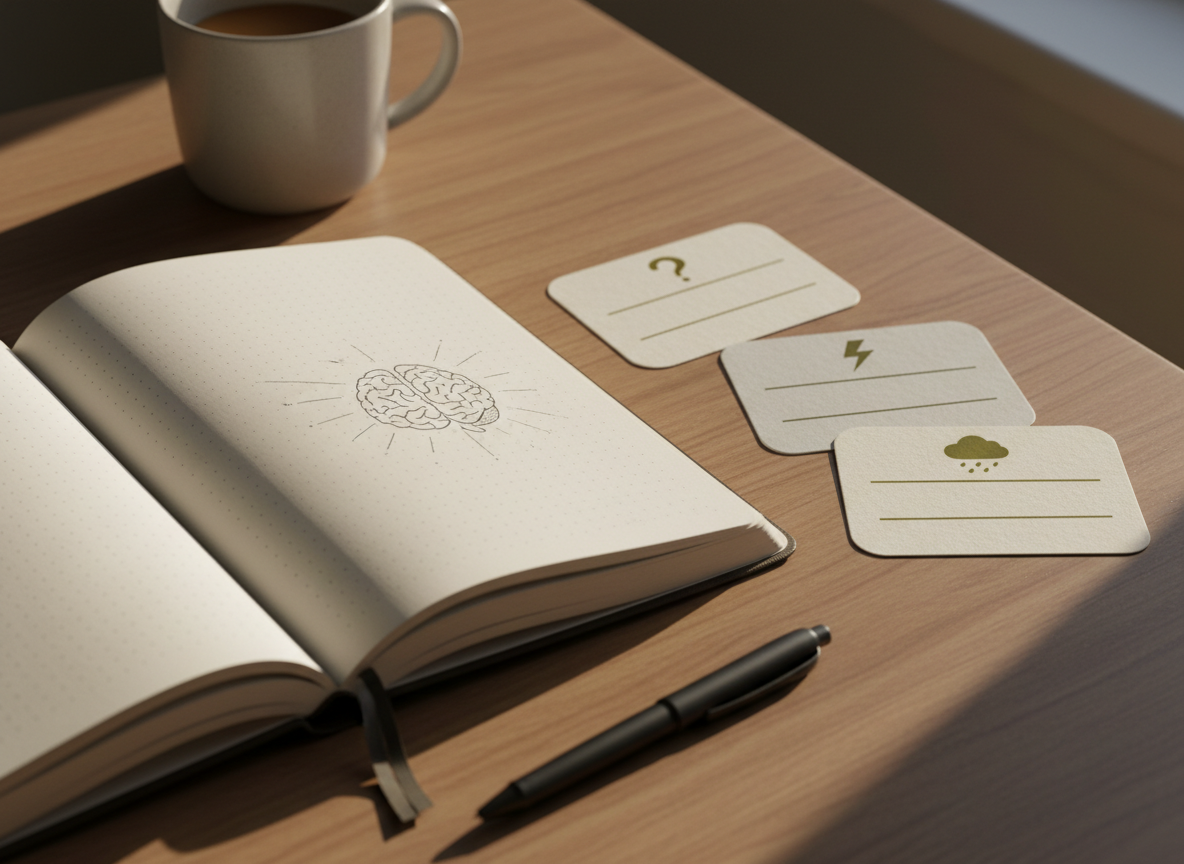 Open journal with a pen and blank reflection cards in soft natural light, representing identifying family trauma triggers and noticing emotional patterns after gatherings.