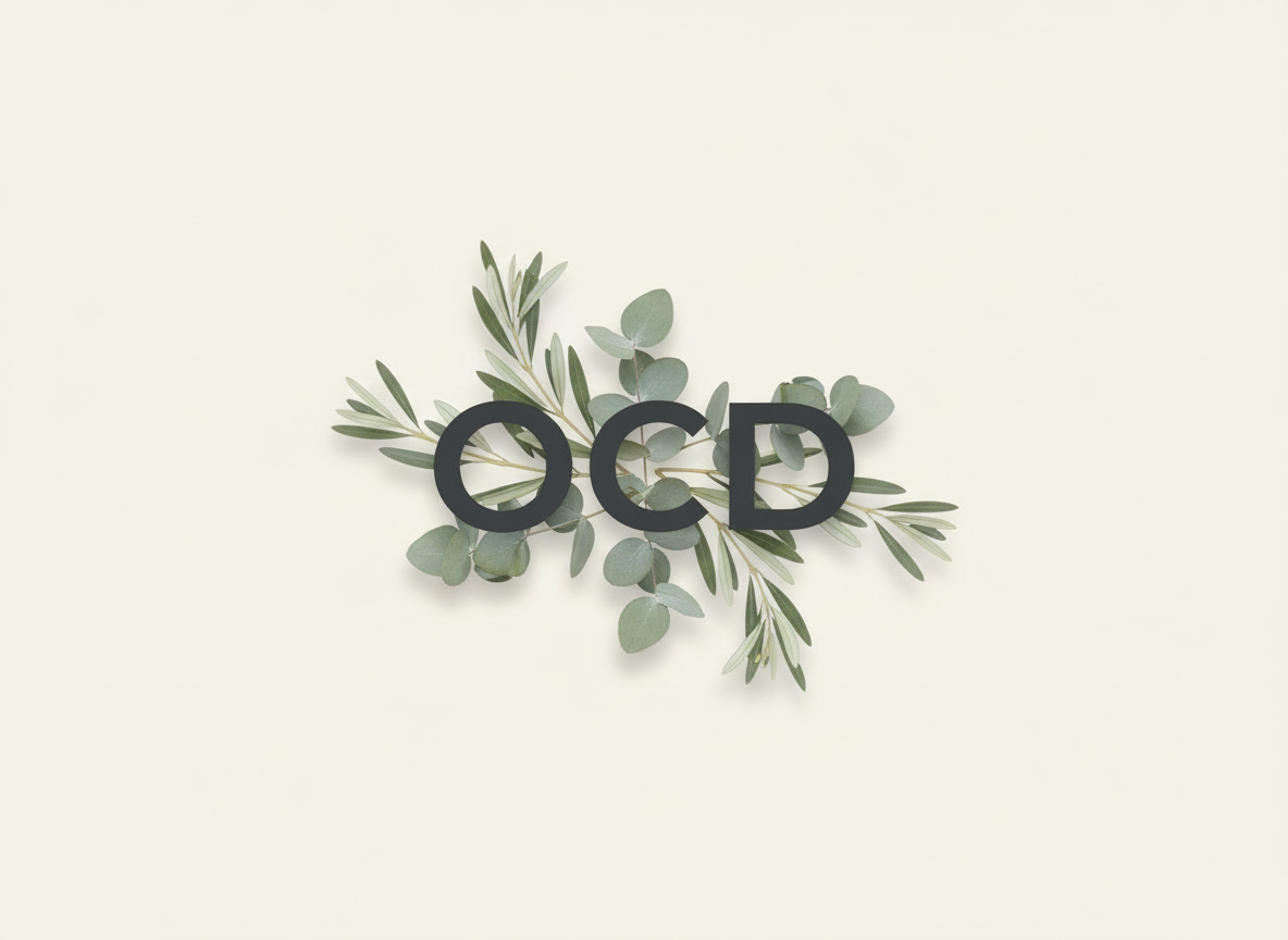 Minimalist graphic with the word “OCD” framed by simple green botanical leaves on a neutral background, introducing obsessive-compulsive disorder and intrusive thoughts.