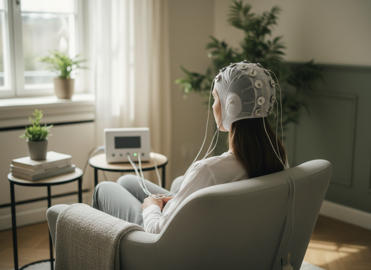 Client seated comfortably wearing an EEG cap in a calm therapy room, illustrating what a neurofeedback session looks like and how brain activity is monitored.