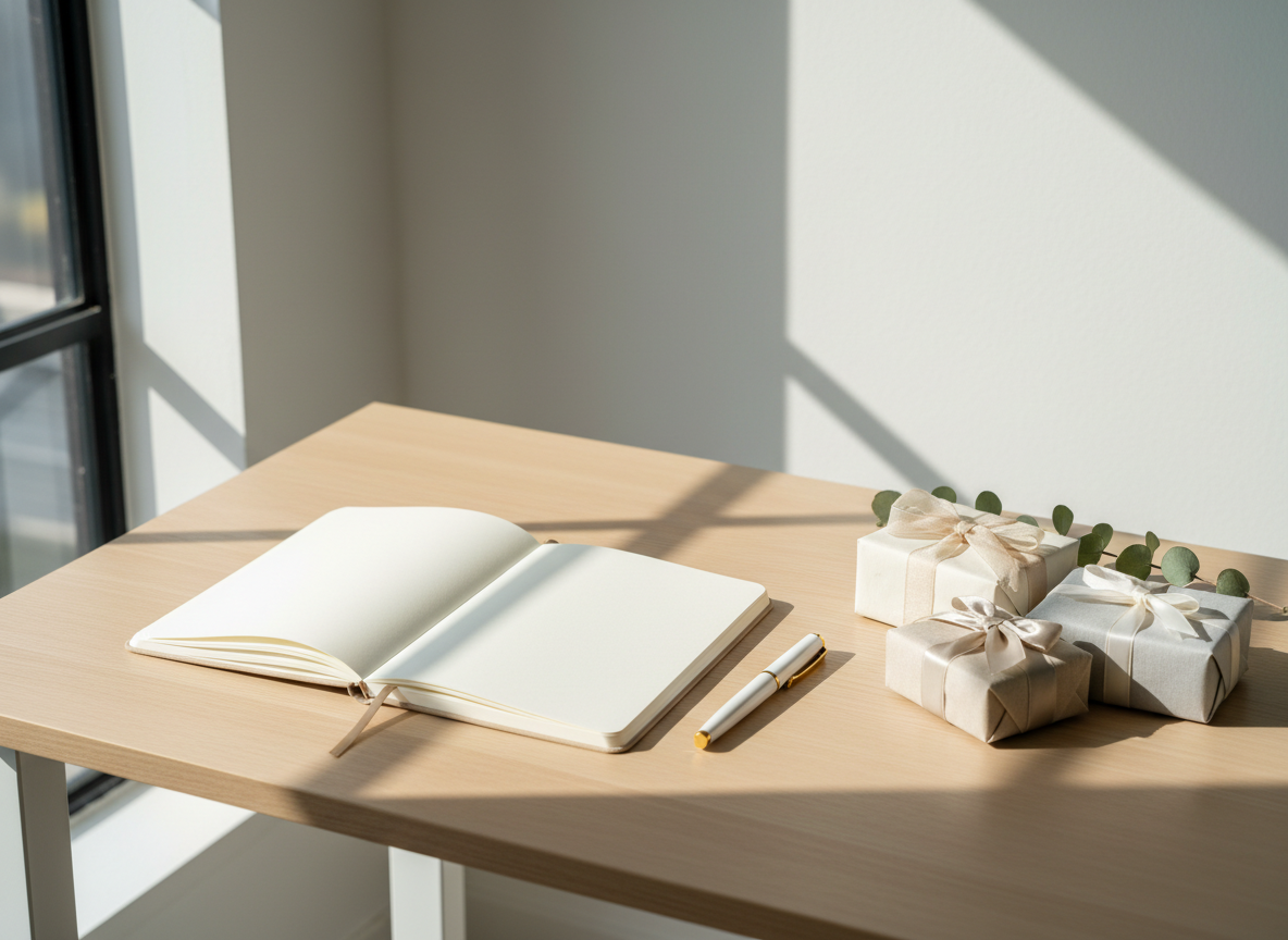 Minimalist desk in natural daylight with a blank planner and pen beside a few neatly wrapped neutral-toned gifts, conveying reflection and planning.