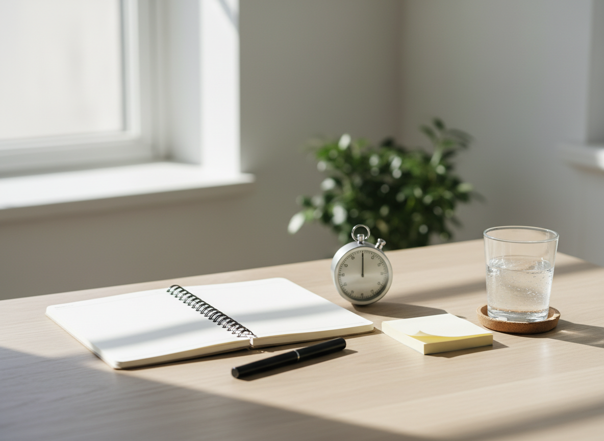 Minimalist study desk with a blank notebook, timer, and pen in natural daylight, illustrating time-blocking and a balanced study schedule for college finals.