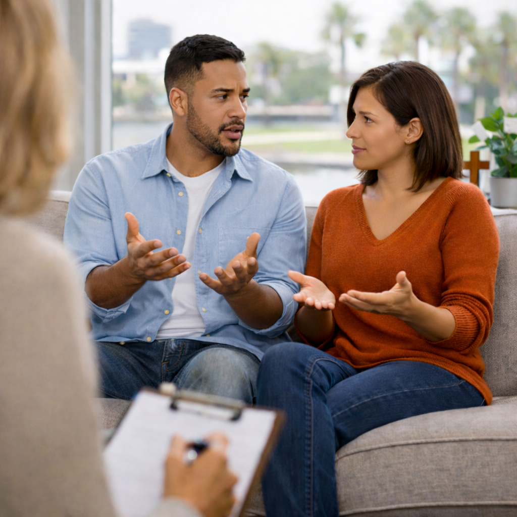 couple communicating and working through challenges in marriage counseling session