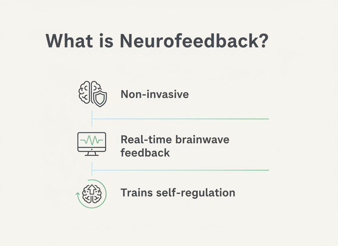 Minimal infographic explaining neurofeedback as a non-invasive therapy that uses real-time brainwave feedback to train self-regulation and support mental wellness.