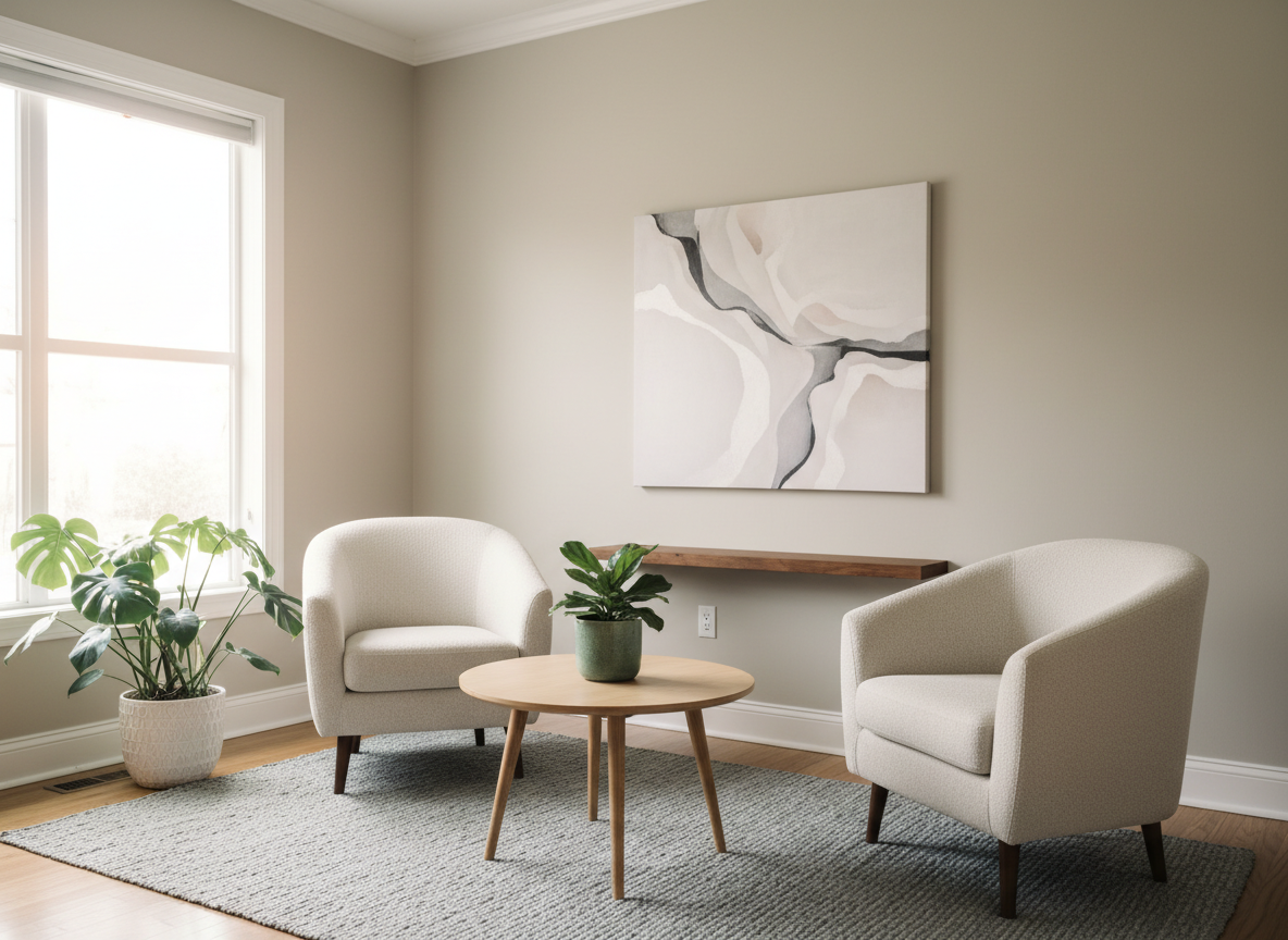 Calm, welcoming counseling office interior with neutral decor, comfortable seating, and soft natural light, representing a safe setting for ART trauma therapy support in Tampa.