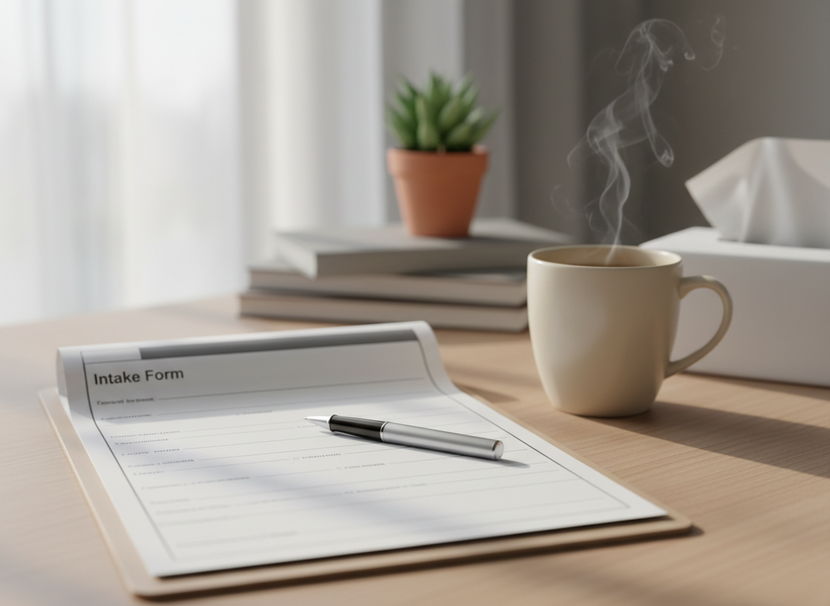 Intake paperwork and pen on a tidy desk in soft natural light, representing what a first counseling session may include and how clients can prepare for therapy.