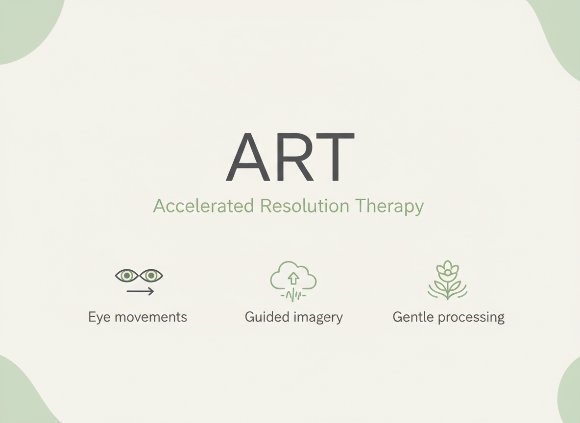 Minimalist infographic defining ART (Accelerated Resolution Therapy) with key components—eye movements, guided imagery, and gentle processing—explaining how ART helps with trauma memories.