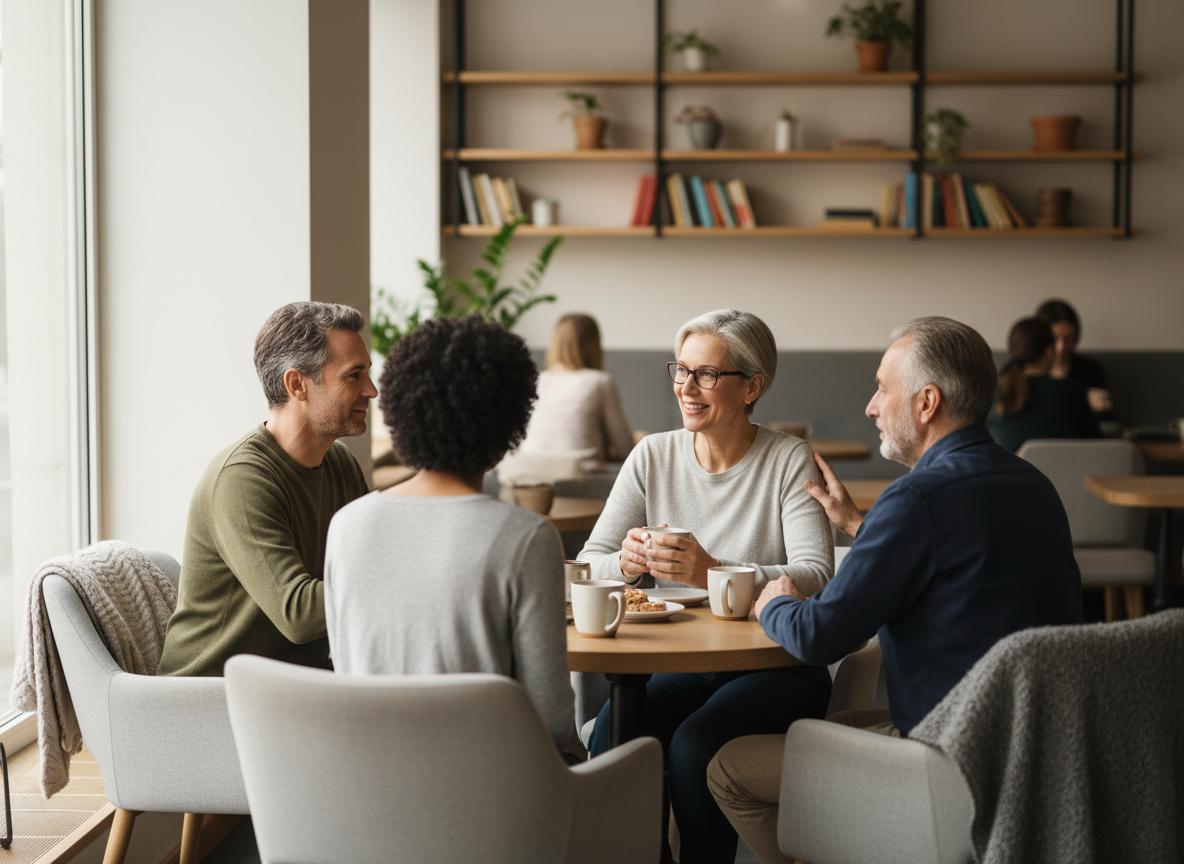 Small diverse group of adults having a supportive conversation in a warm, neutral-toned coffee shop, representing community connection and support while navigating OCD.