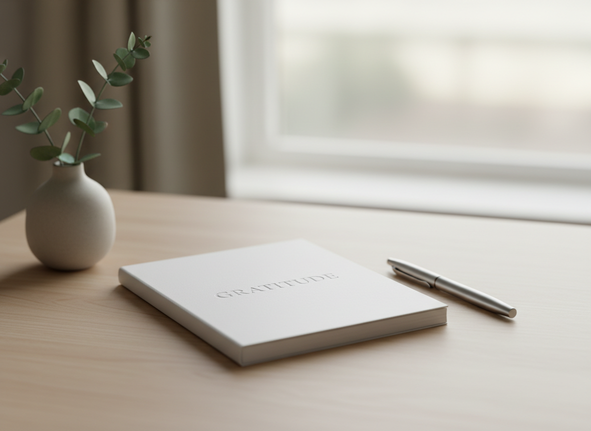Simple gratitude journal labeled “Gratitude” with a pen in soft morning light, representing a daily gratitude practice that supports anxiety reduction and a positive mindset.