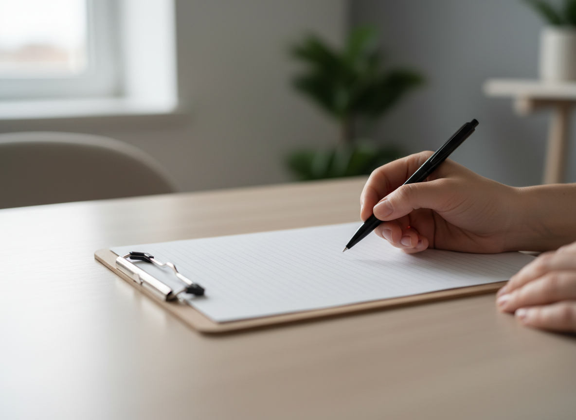Close-up of a therapist’s hands with a pen and clipboard in a calm office setting, representing what an ART session feels like and how clients are guided through the process.