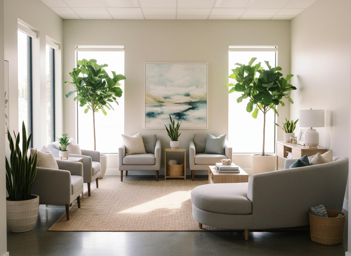 Welcoming counseling waiting room with neutral decor, comfortable seating, and indoor plants, conveying professional support for college finals anxiety in Tampa.