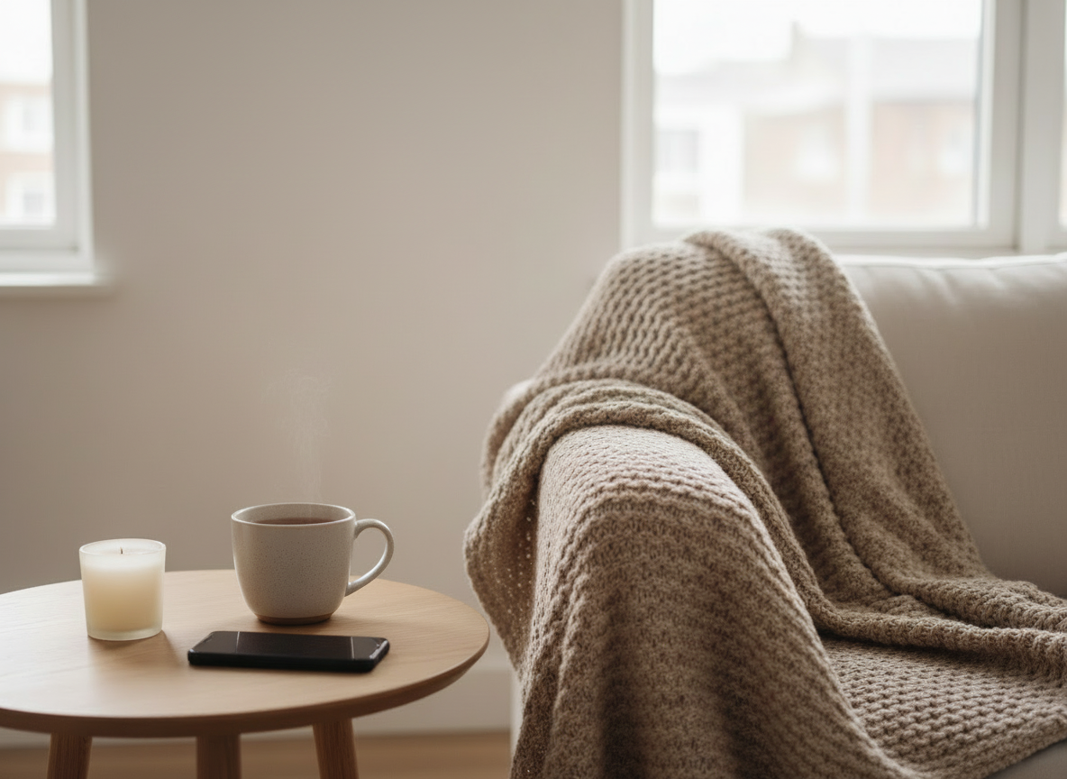 Warm, neutral living room scene with a cozy throw on a sofa and a small side table holding a cup of tea and a simple candle, creating a calm setting that represents practical coping and self-care.