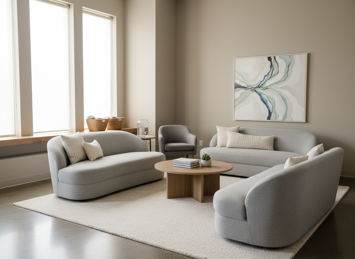 Teen-friendly counseling office with neutral decor and soft natural light, representing professional support options for teen social anxiety in Tampa, including in-person and online therapy.