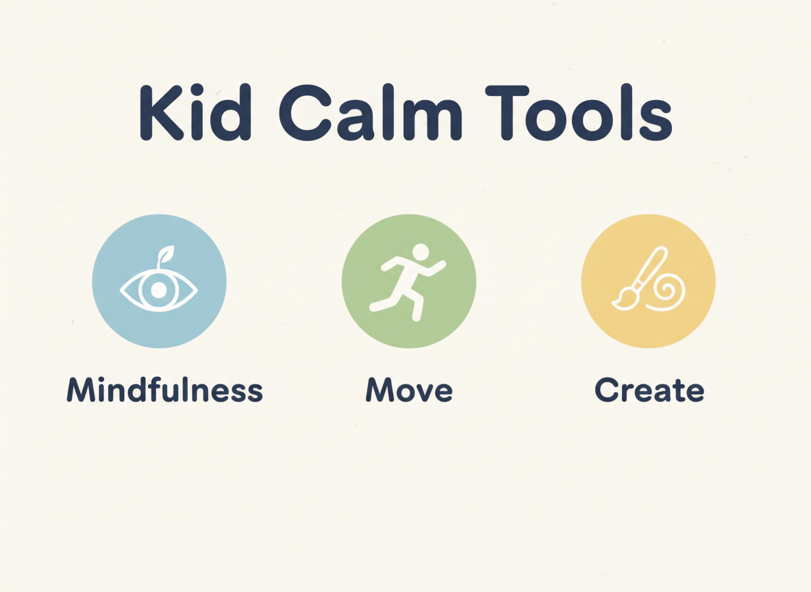 Minimalist “Kid Calm Tools” graphic highlighting mindfulness, movement, and creative outlets to help children manage stress and build emotional regulation skills.